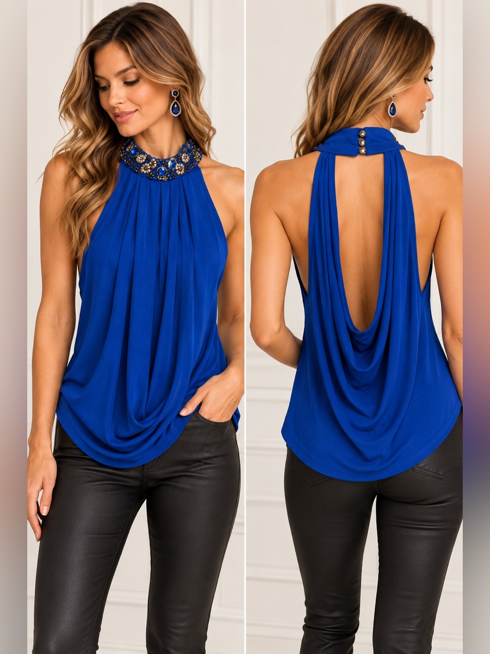 Royal Underground Blue Embellished Halter Top XS NWT $225